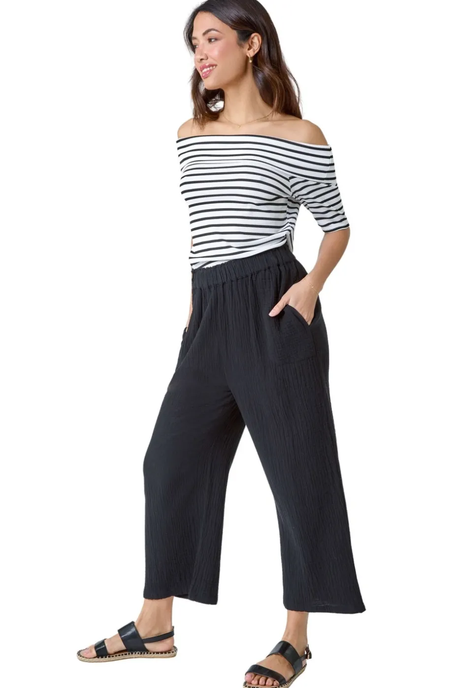 Roman Black Textured Cotton Elastic Waist Culotte Trousers