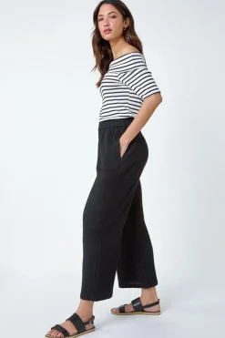 Roman Black Textured Cotton Elastic Waist Culotte Trousers