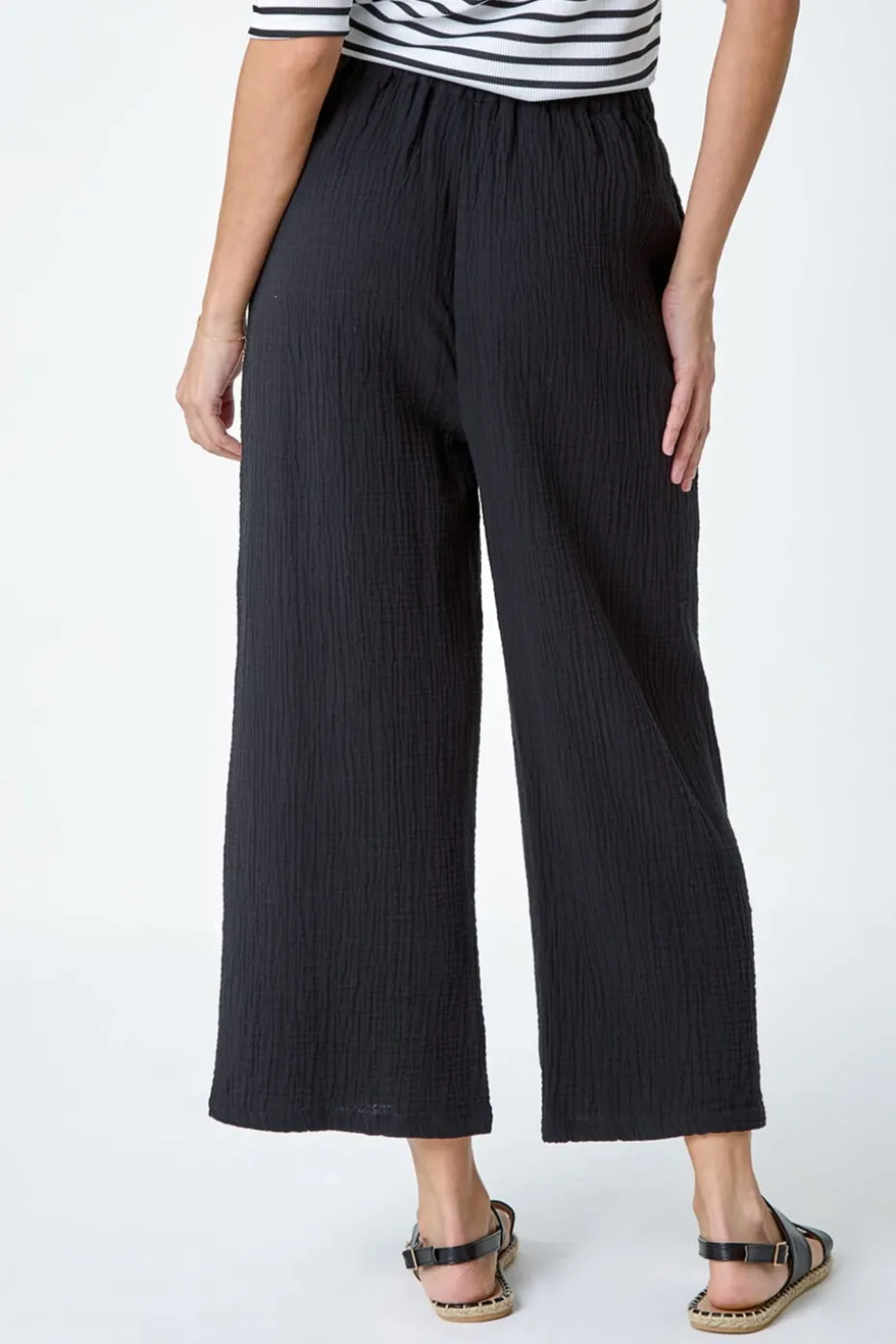 Roman Black Textured Cotton Elastic Waist Culotte Trousers