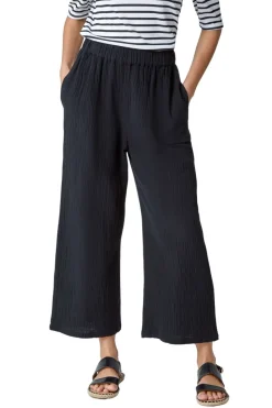 Roman Black Textured Cotton Elastic Waist Culotte Trousers