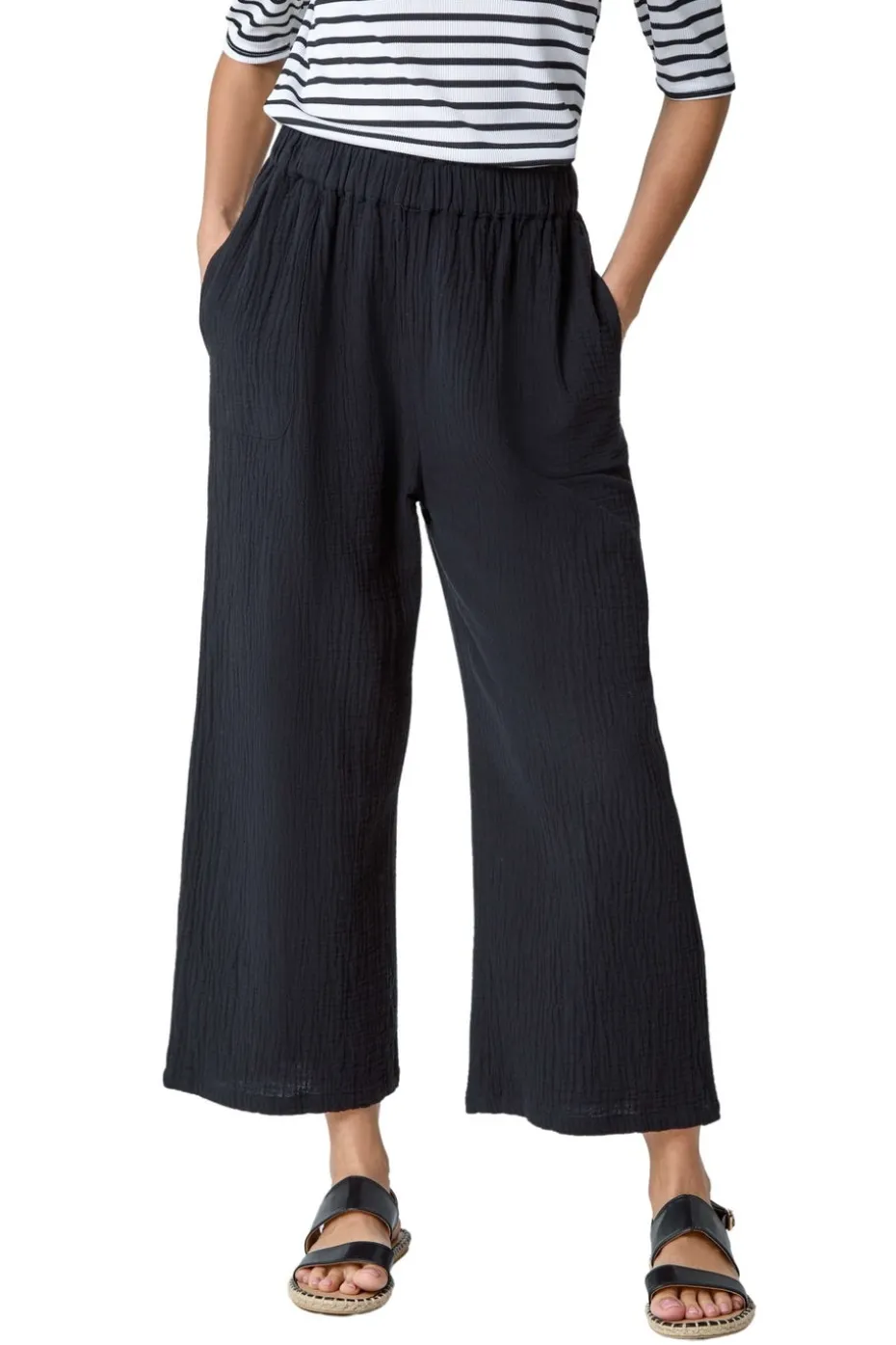 Roman Black Textured Cotton Elastic Waist Culotte Trousers