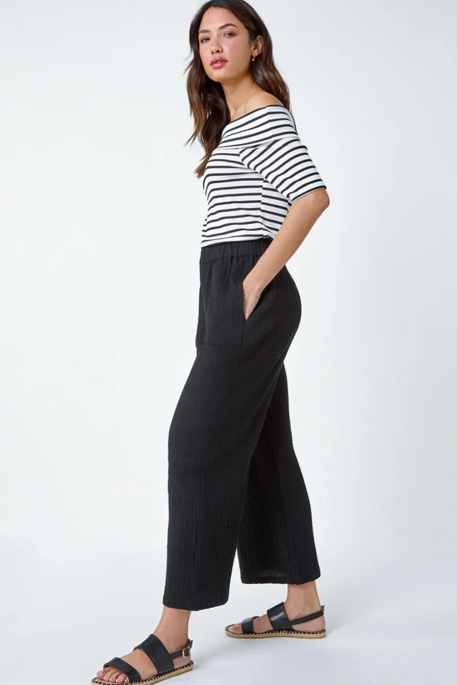 Roman Black Textured Cotton Elastic Waist Culotte Trousers