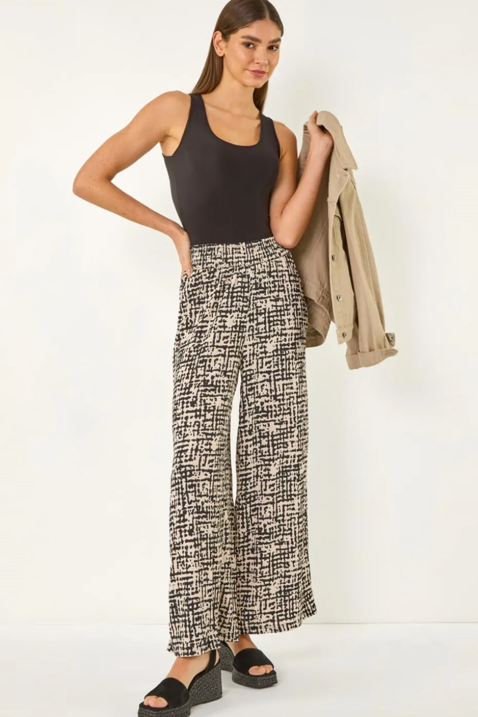 Roman Black Textured Print Elastic Waist Stretch Trouser