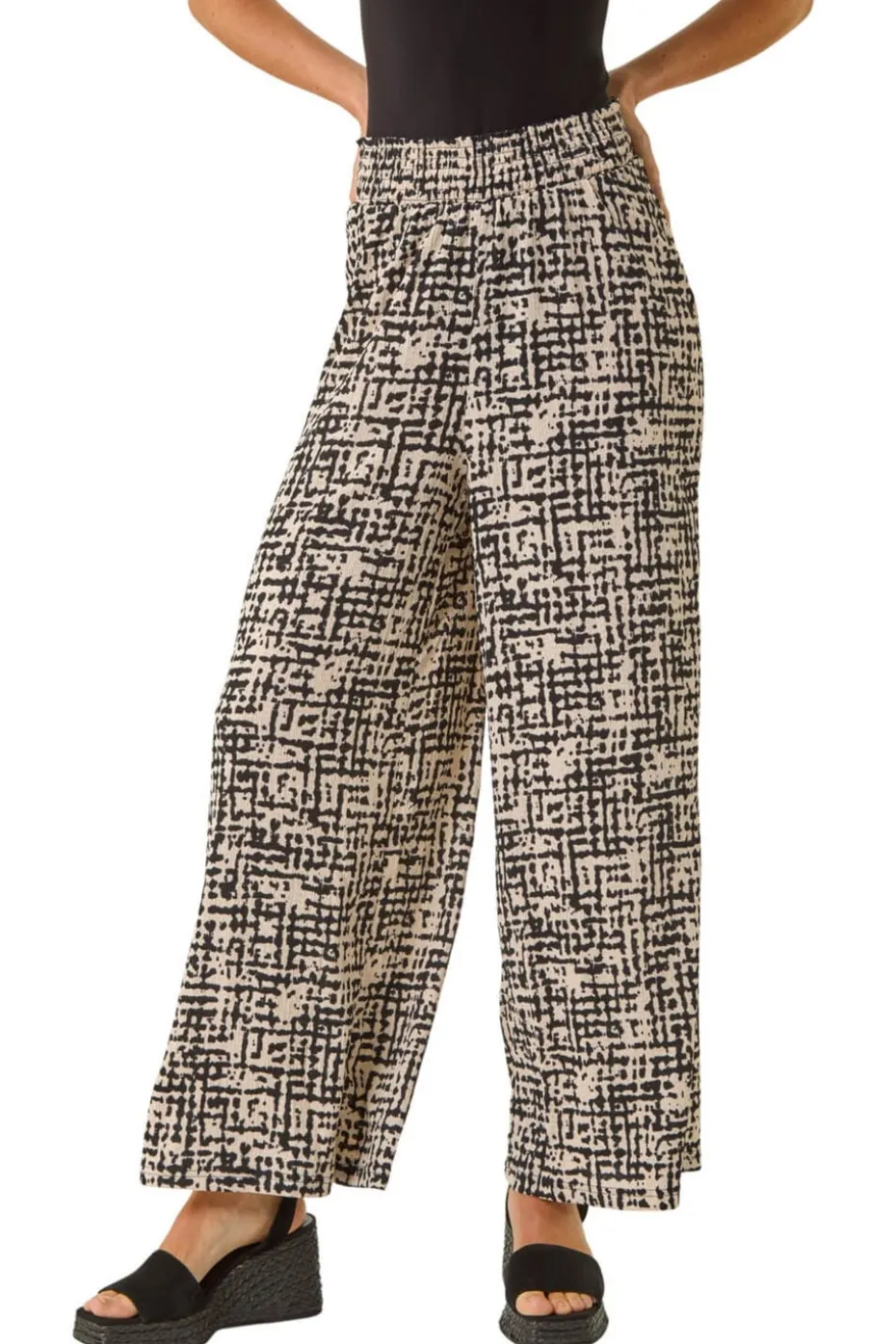 Roman Black Textured Print Elastic Waist Stretch Trouser