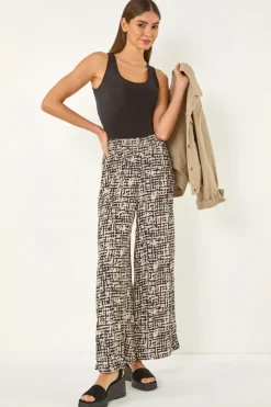 Roman Black Textured Print Elastic Waist Stretch Trouser