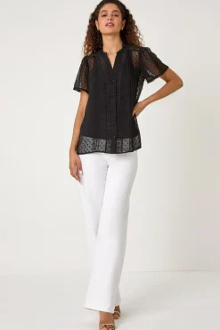 Roman Black Textured Spot Lace Trim Blouse