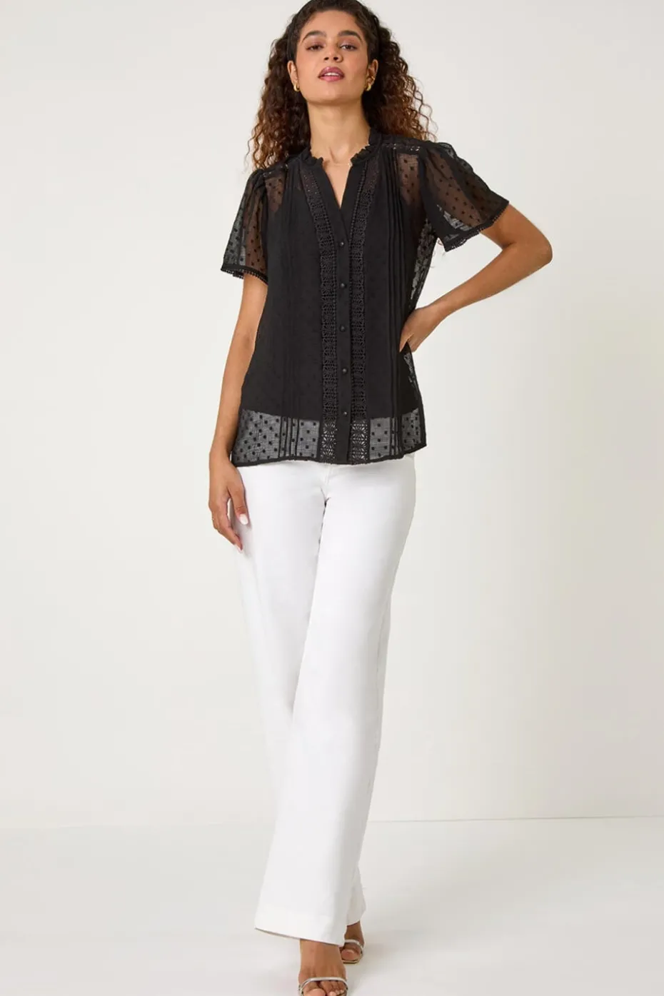 Roman Black Textured Spot Lace Trim Blouse