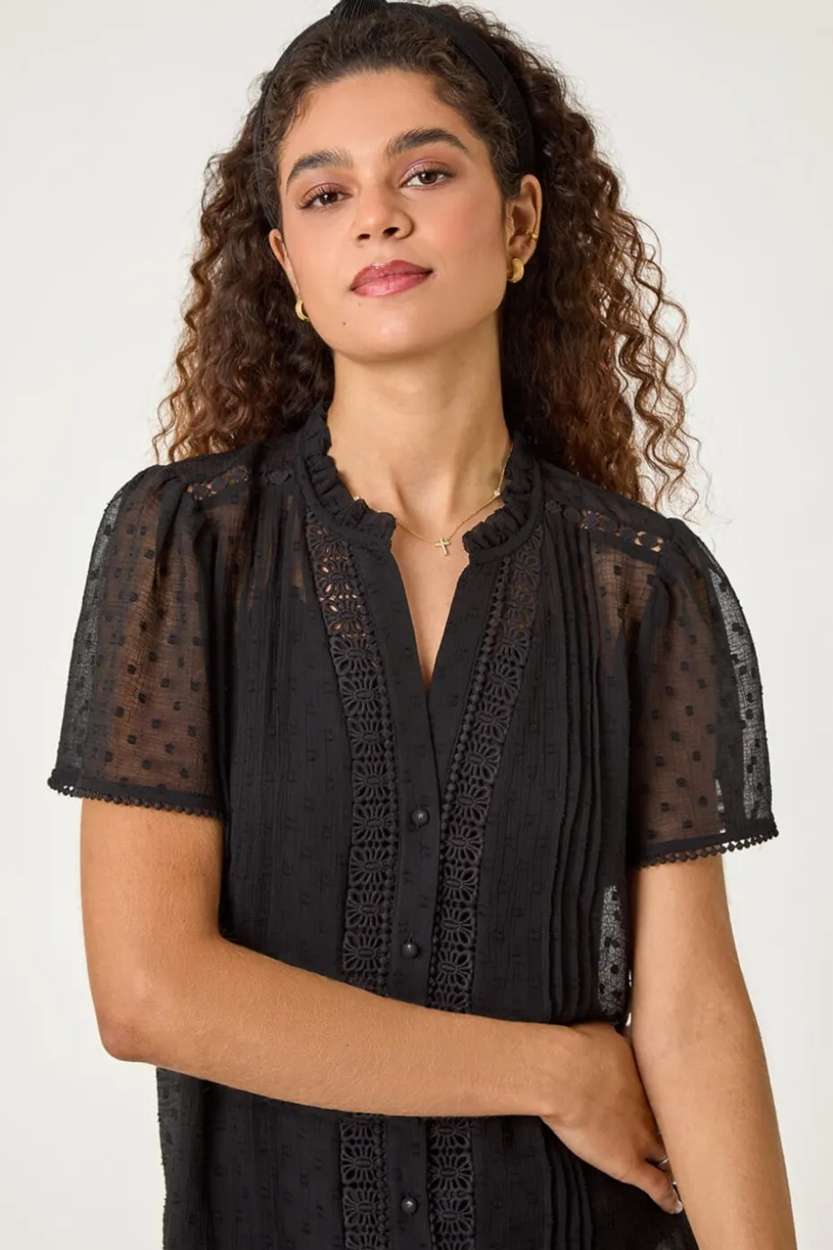 Roman Black Textured Spot Lace Trim Blouse
