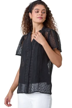 Roman Black Textured Spot Lace Trim Blouse