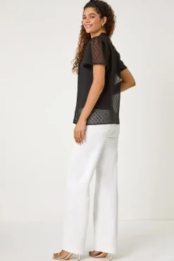 Roman Black Textured Spot Lace Trim Blouse