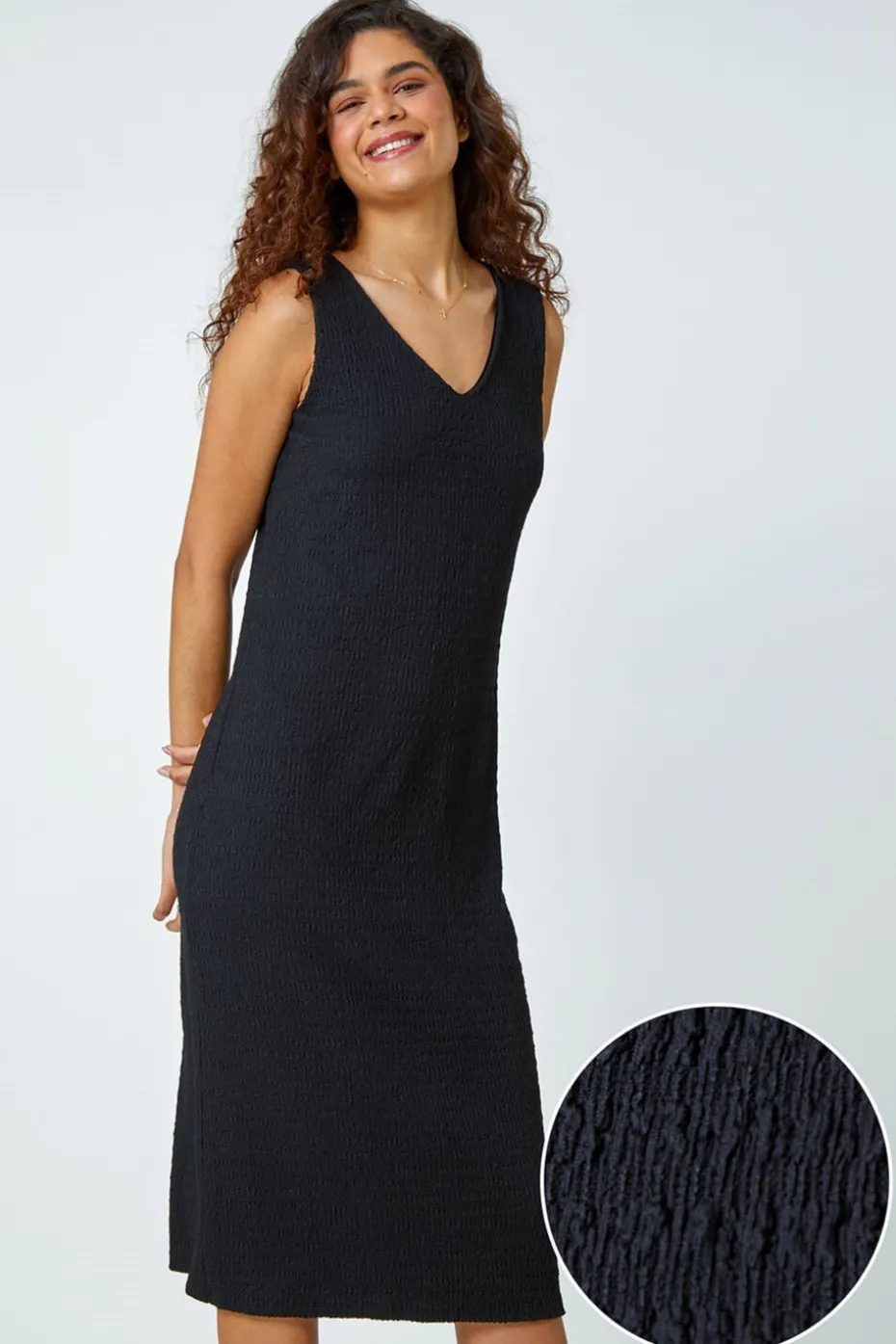 Roman Black Textured Stretch Jersey Midi Dress