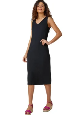 Roman Black Textured Stretch Jersey Midi Dress