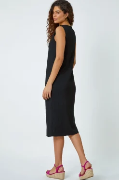 Roman Black Textured Stretch Jersey Midi Dress