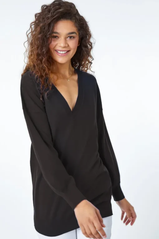 Roman Black V-Neck Stretch Jumper