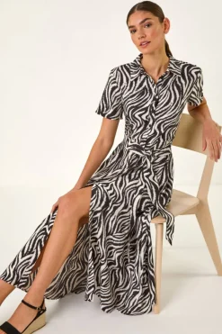 Roman Black Zebra Print Belted Shirt Dress