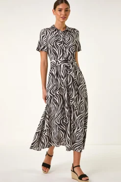 Roman Black Zebra Print Belted Shirt Dress