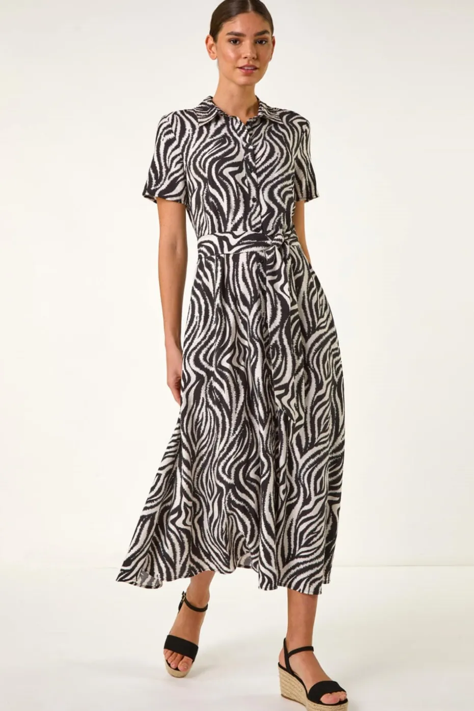 Roman Black Zebra Print Belted Shirt Dress