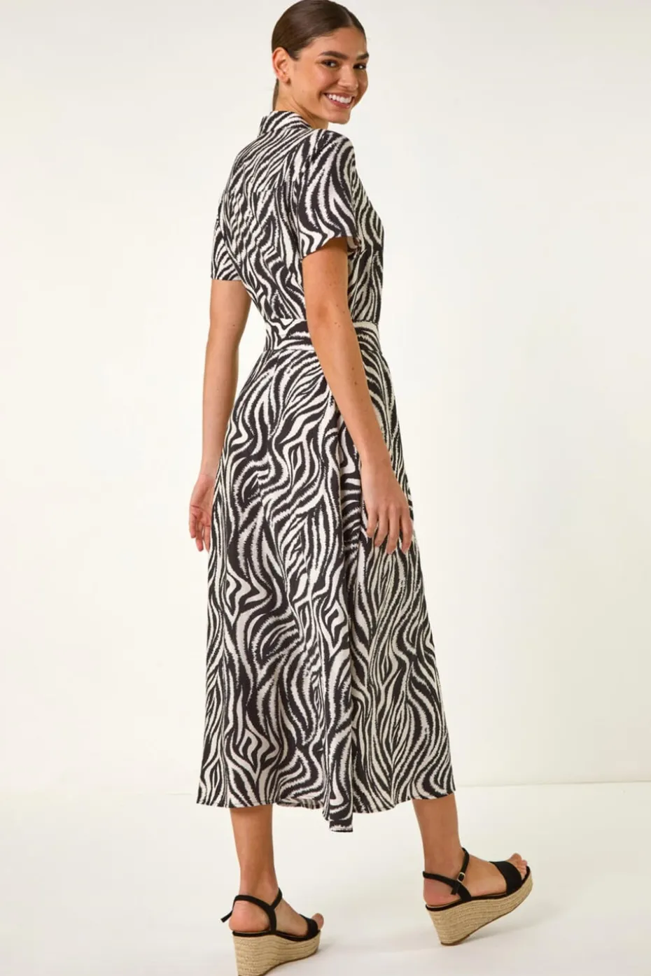 Roman Black Zebra Print Belted Shirt Dress