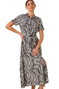 Roman Black Zebra Print Belted Shirt Dress