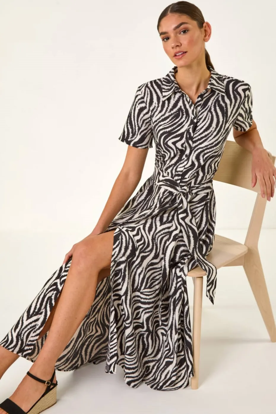 Roman Black Zebra Print Belted Shirt Dress