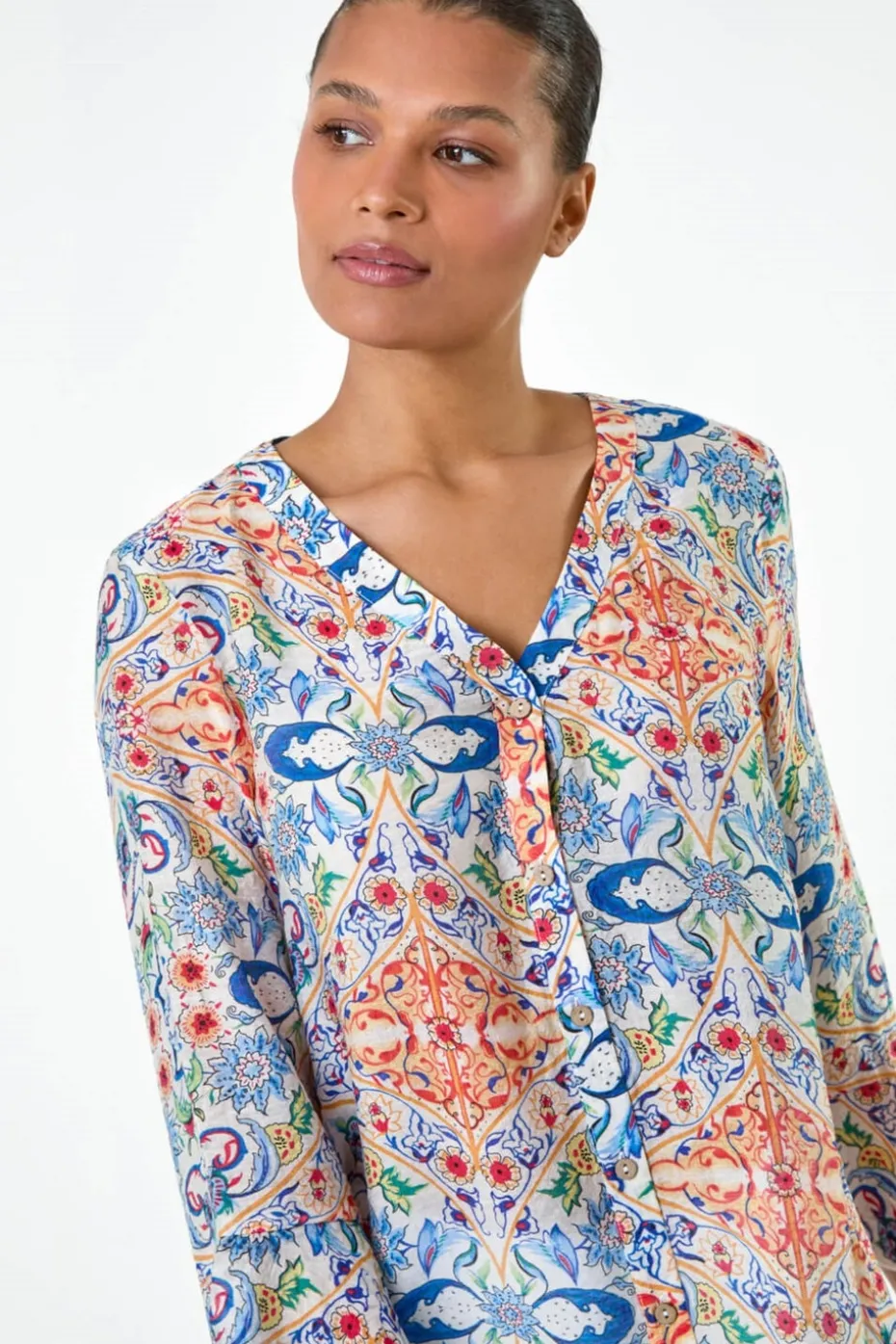 Roman Blue Abstract Floral Frill Sleeve Top