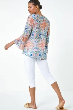 Roman Blue Abstract Floral Frill Sleeve Top