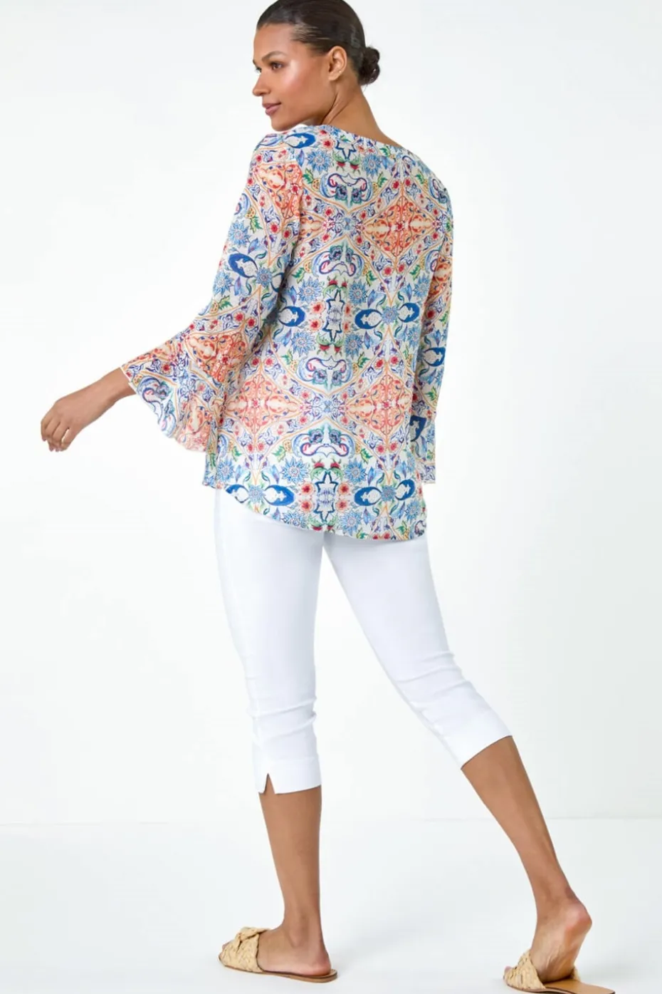 Roman Blue Abstract Floral Frill Sleeve Top