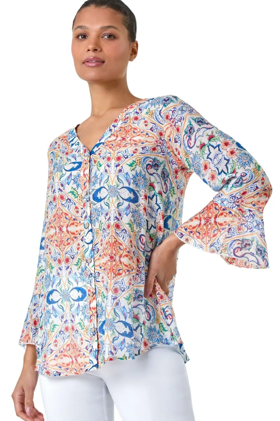 Roman Blue Abstract Floral Frill Sleeve Top