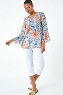 Roman Blue Abstract Floral Frill Sleeve Top