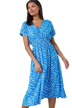 Roman Blue Abstract Floral Zig Zag Print Midi Dress