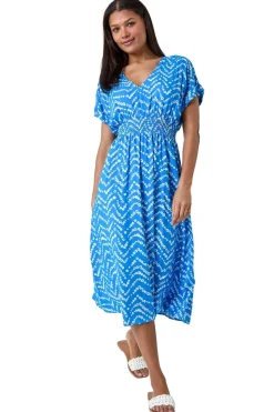 Roman Blue Abstract Floral Zig Zag Print Midi Dress