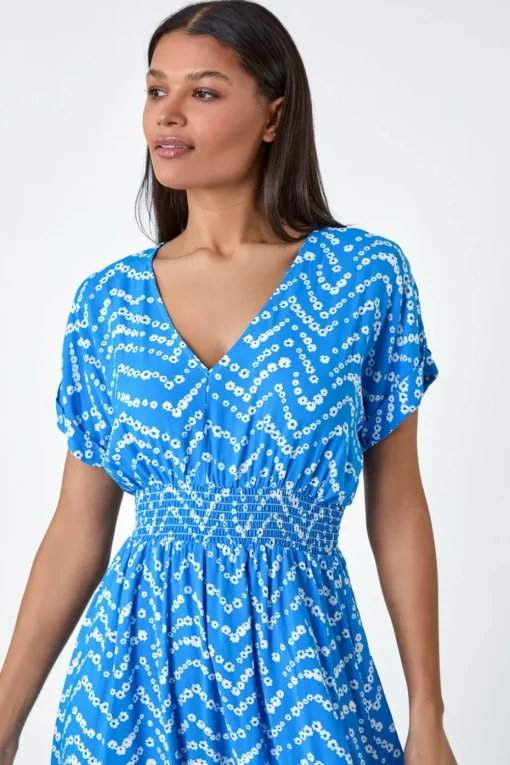 Roman Blue Abstract Floral Zig Zag Print Midi Dress