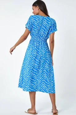 Roman Blue Abstract Floral Zig Zag Print Midi Dress