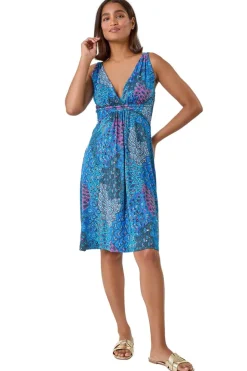 Roman Blue Abstract Floral Stretch Jersey Dress