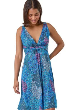 Roman Blue Abstract Floral Stretch Jersey Dress