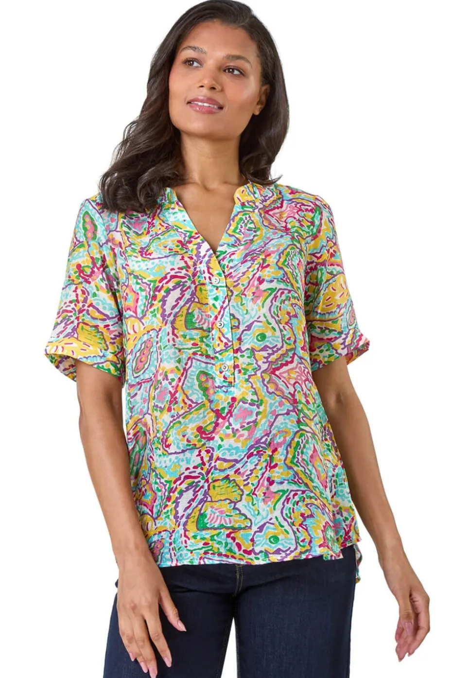 Roman Blue Abstract Print Button Detail Top