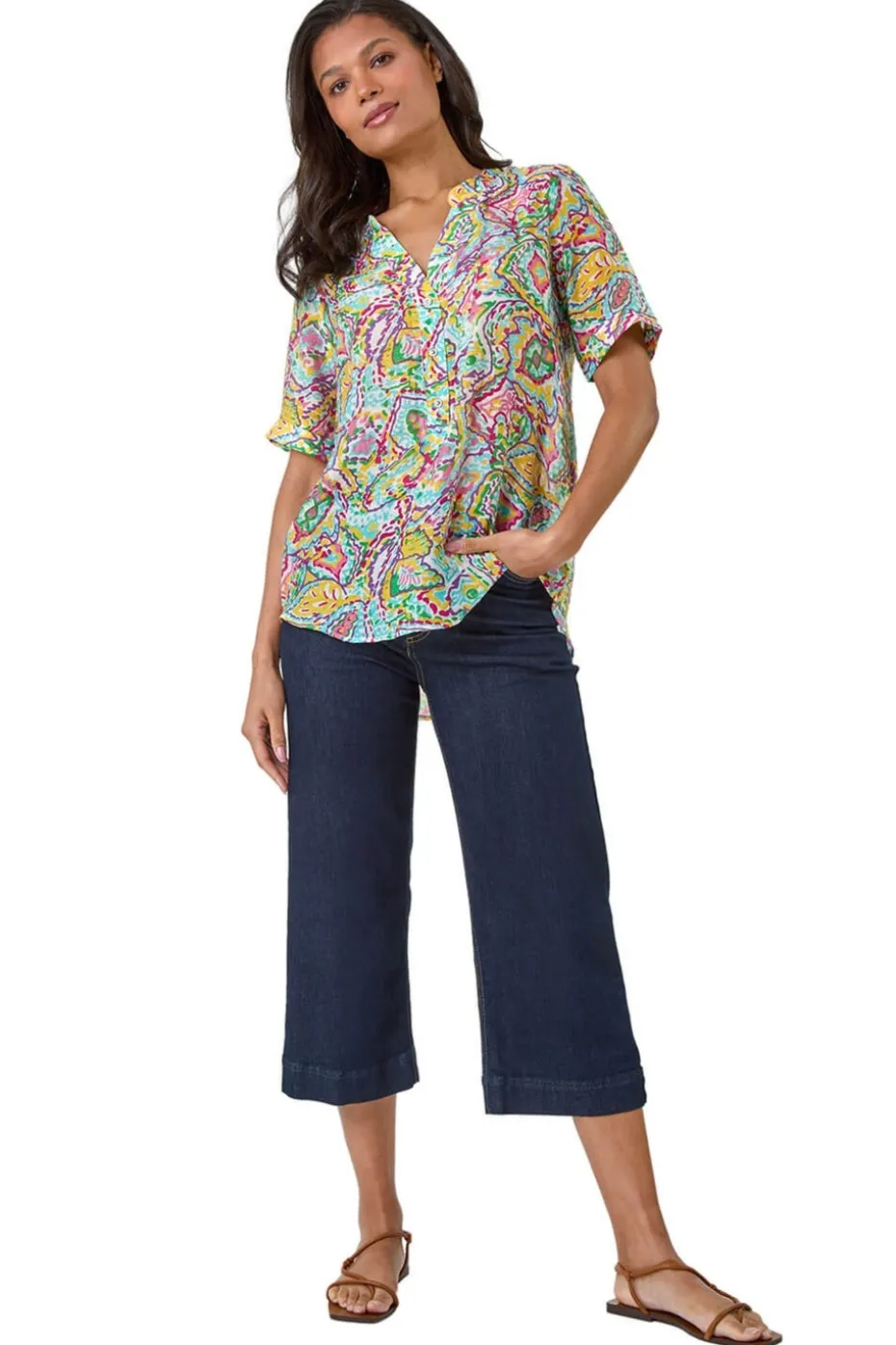 Roman Blue Abstract Print Button Detail Top