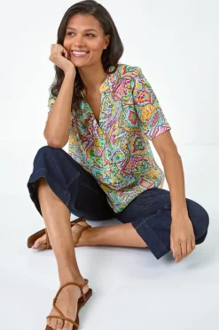 Roman Blue Abstract Print Button Detail Top