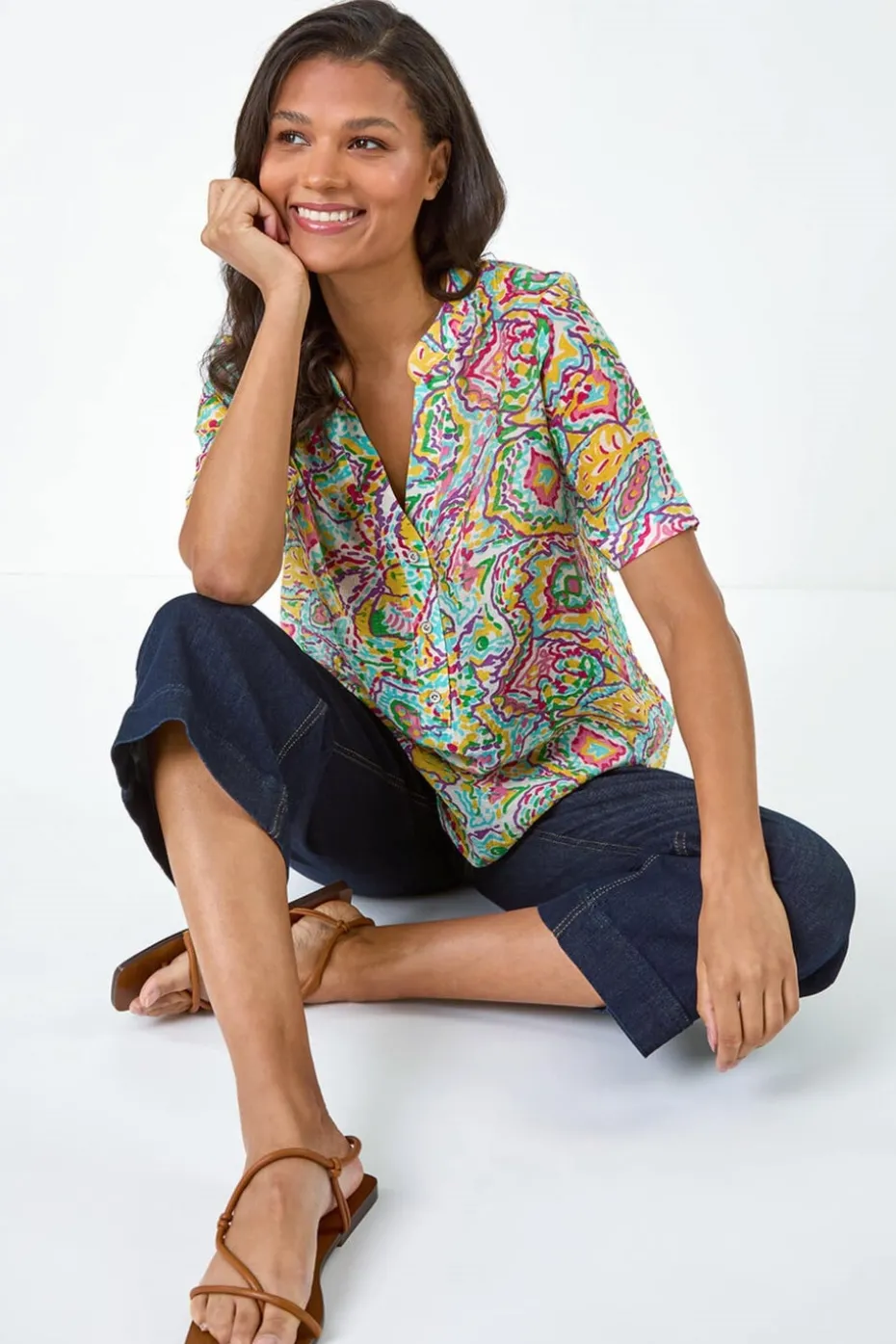 Roman Blue Abstract Print Button Detail Top