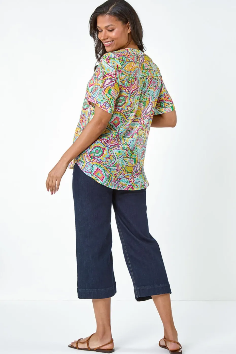 Roman Blue Abstract Print Button Detail Top