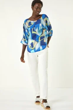Roman Blue Abstract Print Stretch Top