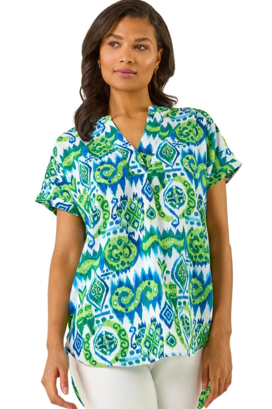 Roman Blue Abstract Print V-Neck Top