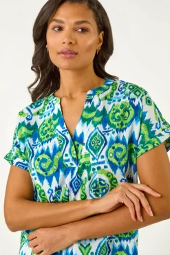 Roman Blue Abstract Print V-Neck Top