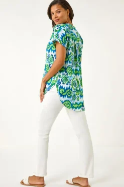 Roman Blue Abstract Print V-Neck Top