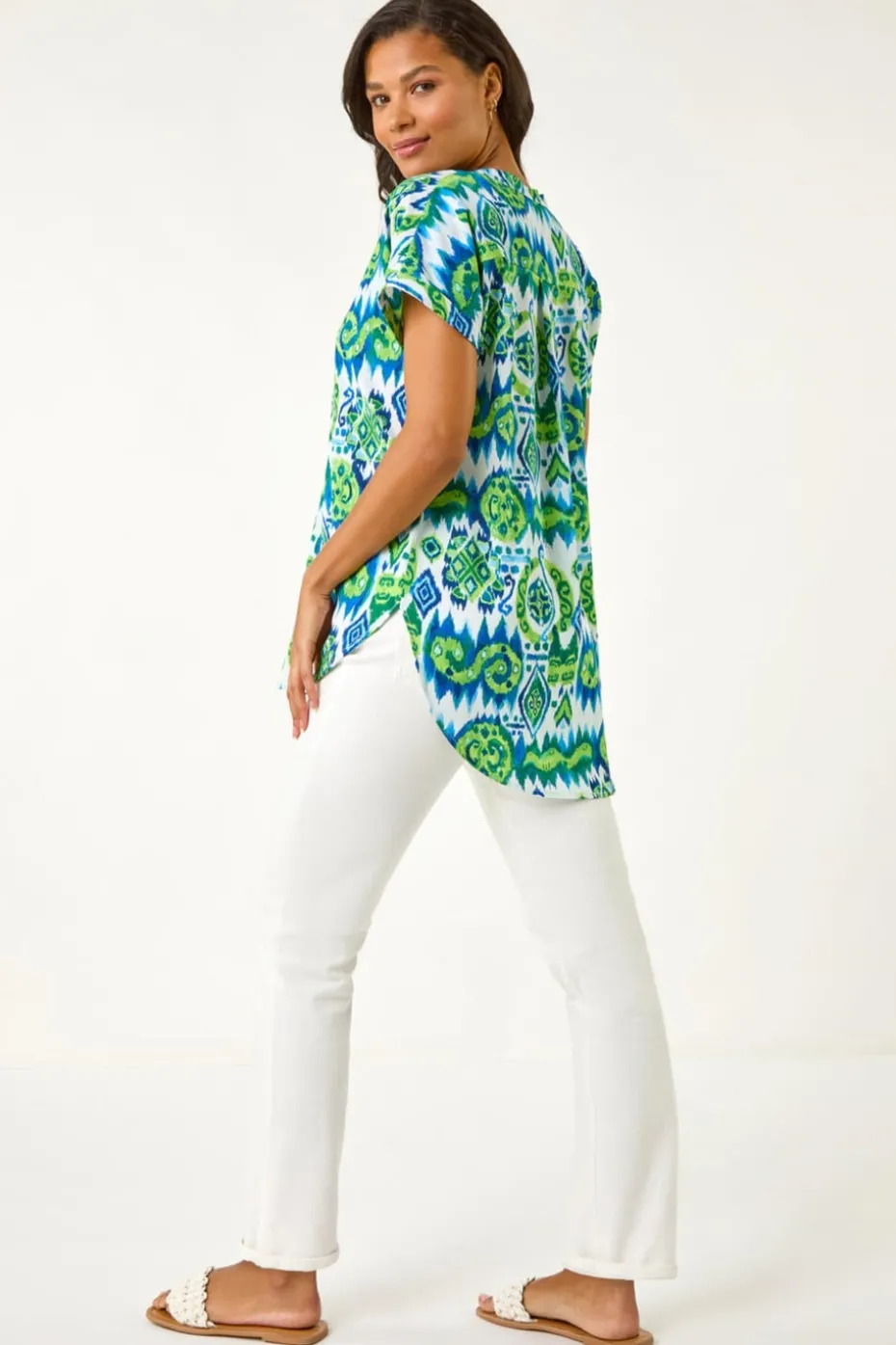 Roman Blue Abstract Print V-Neck Top