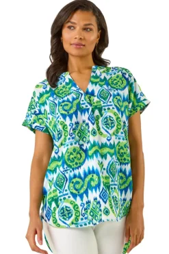 Roman Blue Abstract Print V-Neck Top