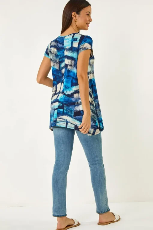 Roman Blue Abstract Print Stretch Tunic Top