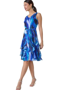 Roman Blue Abstract Print Frill Detail Dress