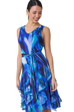 Roman Blue Abstract Print Frill Detail Dress