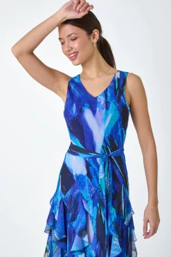 Roman Blue Abstract Print Frill Detail Dress